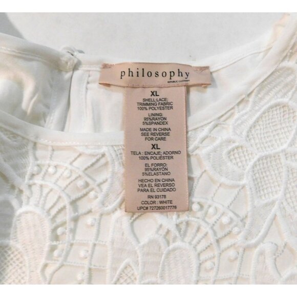 Philosophy Lace Overlay Top XL White Floral Short Sleeve Scoop Neck Lined - Picture 9 of 9